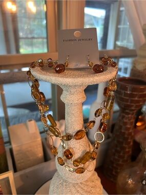 Fashion Jewelry Amber Bead Multi-Strand Necklace and Earrings Set